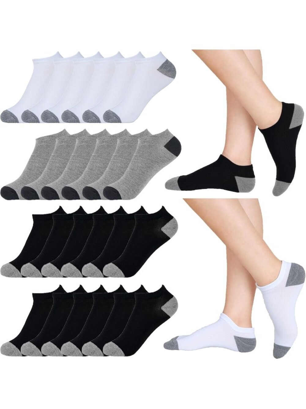 🧦Women's Black White 20 Pair Pairs Low Cut Ankle No Show Casual Athletic Socks